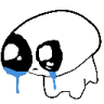 A small white character with giant black eyes crying large blue tears.