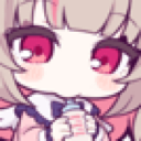Ririmu with pink hair and red eyes holding a baby bottle and drinking.