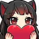 A cute anime-style fox girl with dark hair and fox ears holding a large red heart against her face.