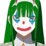 Zero Two with green hair wearing Joker face paint and a red clown smile.
