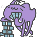 A purple cartoon creature lounging against a stack of money while fanning itself with bills.