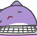 A purple creature with ears pressing its face against a computer keyboard.