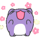 A round purple creature with a white belly flapping its wings happily while surrounded by small floating pink and yellow flo…