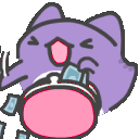A purple creature with a happy expression stuffing blue bills into a pink coin purse.