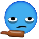 A blue circular face with tired, heavy-lidded eyes holding a brown bottle.