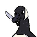 A goose holding a sharp kitchen knife in its beak with a mischievous expression.