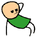A cartoon stick figure with an orange head and green shirt leaning back with a smug, self-satisfied expression.