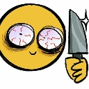Yellow smiley face with bloodshot eyes and a small grin holding a kitchen knife.