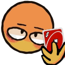A smug orange character holding up a red Uno reverse card with a mischievous expression.