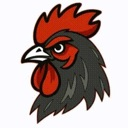 Rooster head with an angry expression and sharp features.