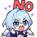 A chibi anime girl with blue hair looking angry and shouting the word No in red text.