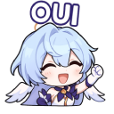 Chibi anime girl with wings smiling broadly and raising a hand with the text OUI above her head.