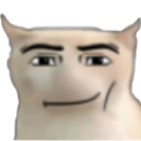 Cat with a smug Roblox man face expression.