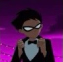 Robin wearing a black tuxedo with a bowtie looking dapper against a purple background.