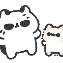 A cool cat wearing sunglasses pulls a smaller, blushing cat into a hug while a pink heart appears above them.