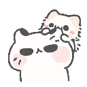 A small white kitten playfully nibbles on the head of a larger, stoic white cat.