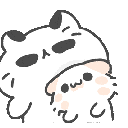A small white creature with a wide-eyed expression peeking out from behind a larger, stoic white cat.