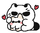 A smug white cat in a dark hoodie playfully nibbling on a smaller blushing cat surrounded by floating hearts.