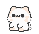 A white cat covering its face with its paws while blushing with pink hearts floating around it.
