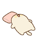 A small white creature lying on a pink pillow, cycling through animations of falling asleep with sparkles and bubbles.