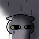 A gray, stylized creature with a sad expression standing under falling rain.