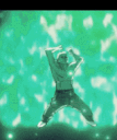 Character dancing energetically with a glowing green background effect.