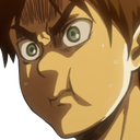 Eren Yeager making a disgusted and judgmental facial expression with puffed cheeks.