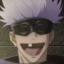 Gojo Satoru wearing a blindfold and laughing with a missing front tooth.