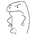 A simple white hand-drawn doodle character with a flat top and angry eyes, standing with hands on hips in an annoyed pose.