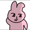 A pink rabbit character with a smug, human-like smirk looking slightly to the side.
