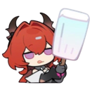 A chibi anime girl with red hair and horns looks unimpressed while holding a white popsicle.