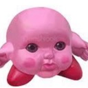 A round pink character with a realistic, pouty baby face and red feet.