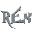 The word REX repeated in a jagged, metallic silver font.