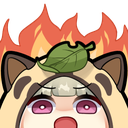 A character in a tan animal hood with a leaf on its head looking wide-eyed and shocked with flames rising behind them.