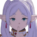 Frieren with light purple hair and elf ears holds a finger to her lips in a shushing gesture.