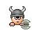 A round warrior character in a gray helmet shouting with a double-headed axe in a pixel art animation.