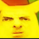 Pikachu with the face of Mr. Bean looking intensely skeptical and confused.