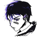 Anime boy with dark hair and a purple earpiece looking serious.