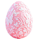 A pink egg decorated with white relief carvings of butterflies and floral vines.