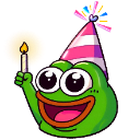 A green frog with wide eyes and a big smile wears a striped party hat and holds a lit candle.