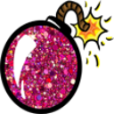 A round bomb covered in pink glitter with a burning fuse and a yellow flame.