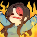 Anime girl with brown hair and a red streak looking calm with her arms raised while surrounded by bright yellow flames.