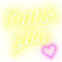Thank you text in white script font over a yellow background with a glowing pink heart icon.