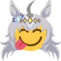 Anime character with silver hair and a crown making a happy face with tongue sticking out.