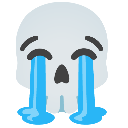 Skull with closed eyes and large blue tears streaming down its face.