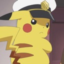 Pikachu wearing a captain hat looking sideways with a suspicious and annoyed expression.