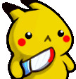 A small yellow creature holding a knife that becomes increasingly covered in red blood across four sequential frames.