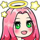 Anime girl with pink hair and a yellow halo smiles brightly while surrounded by sparkling stars.