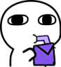 A simple white doodle character with large black eyes drinking from a purple juice box.