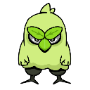 A small green bird with leaf-shaped eyebrows looking suspicious and annoyed.